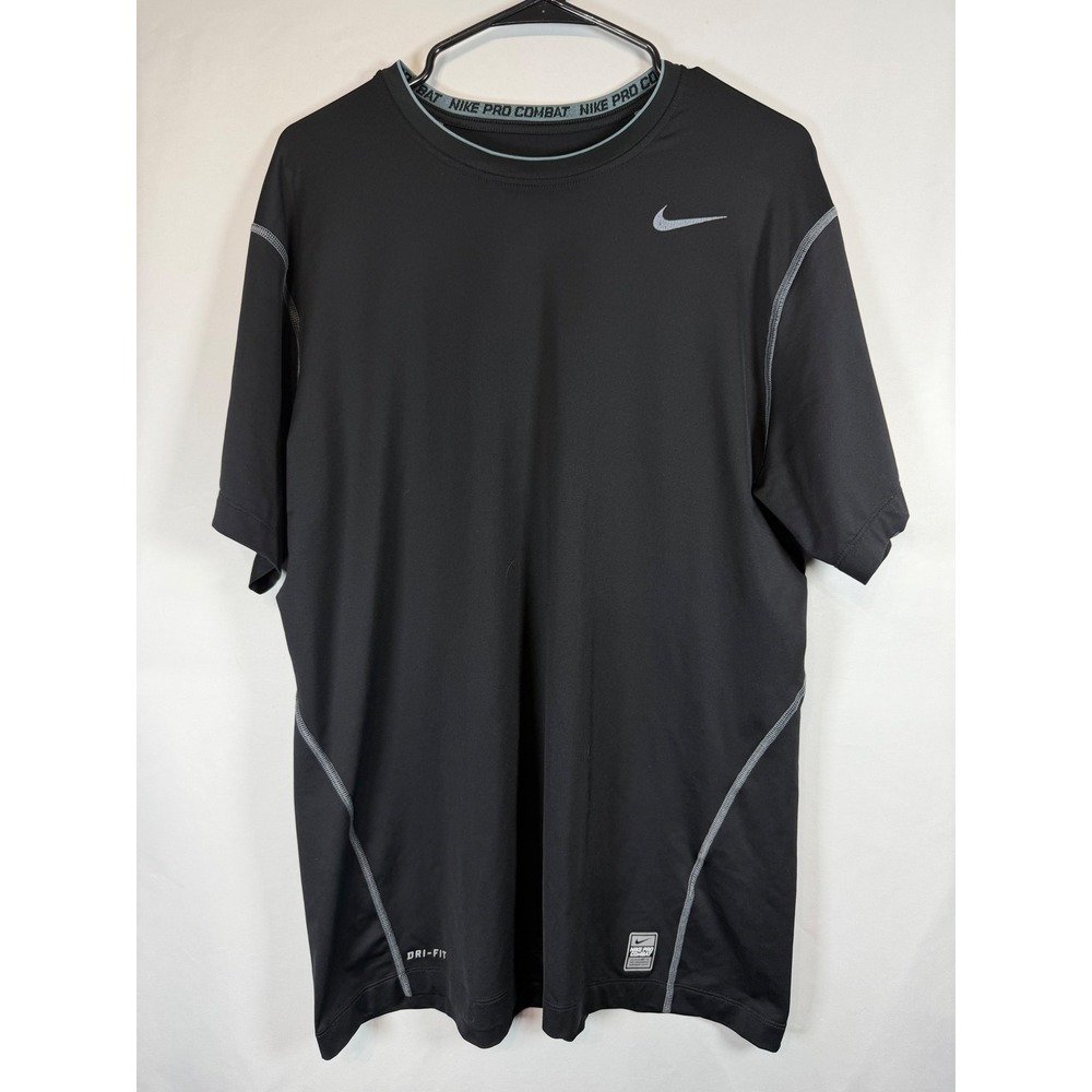 Nike Pro Combat Dri-FIT Shirt Mens XL Black Gray Short Sleeve Fitted Gym Top